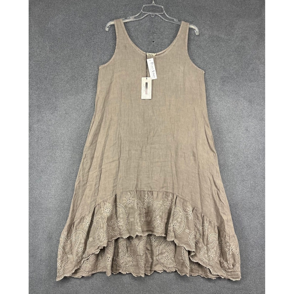 Lungo L'Arno Linen Dress Women S Fango Brown Eyelet Boho Lagenlook Italy F6533